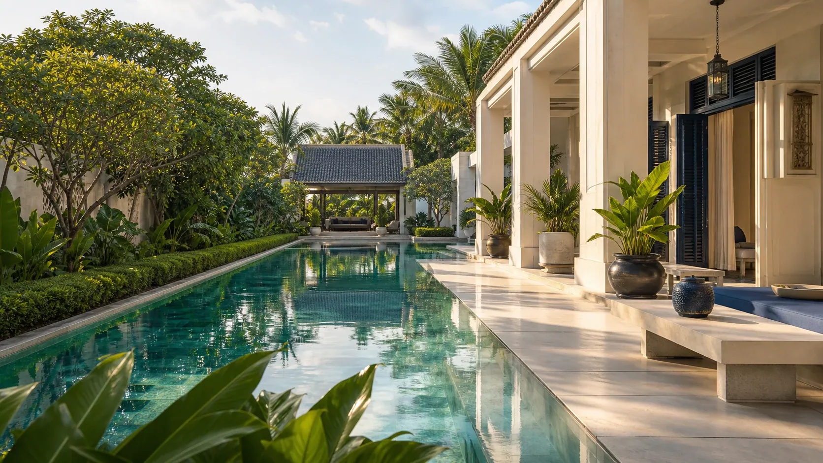 Sân vườn và hồ nước ngập nắng tại Luxury Hotel